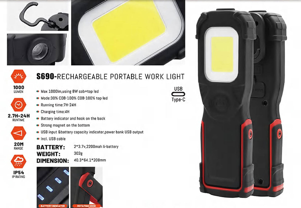Rechargeable 1000 Lumen Magnetic Work Light with Torch & USB Power Bank