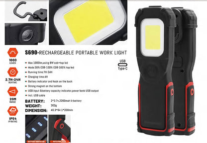 Rechargeable 1000 Lumen Magnetic Work Light with Torch & USB Power Bank