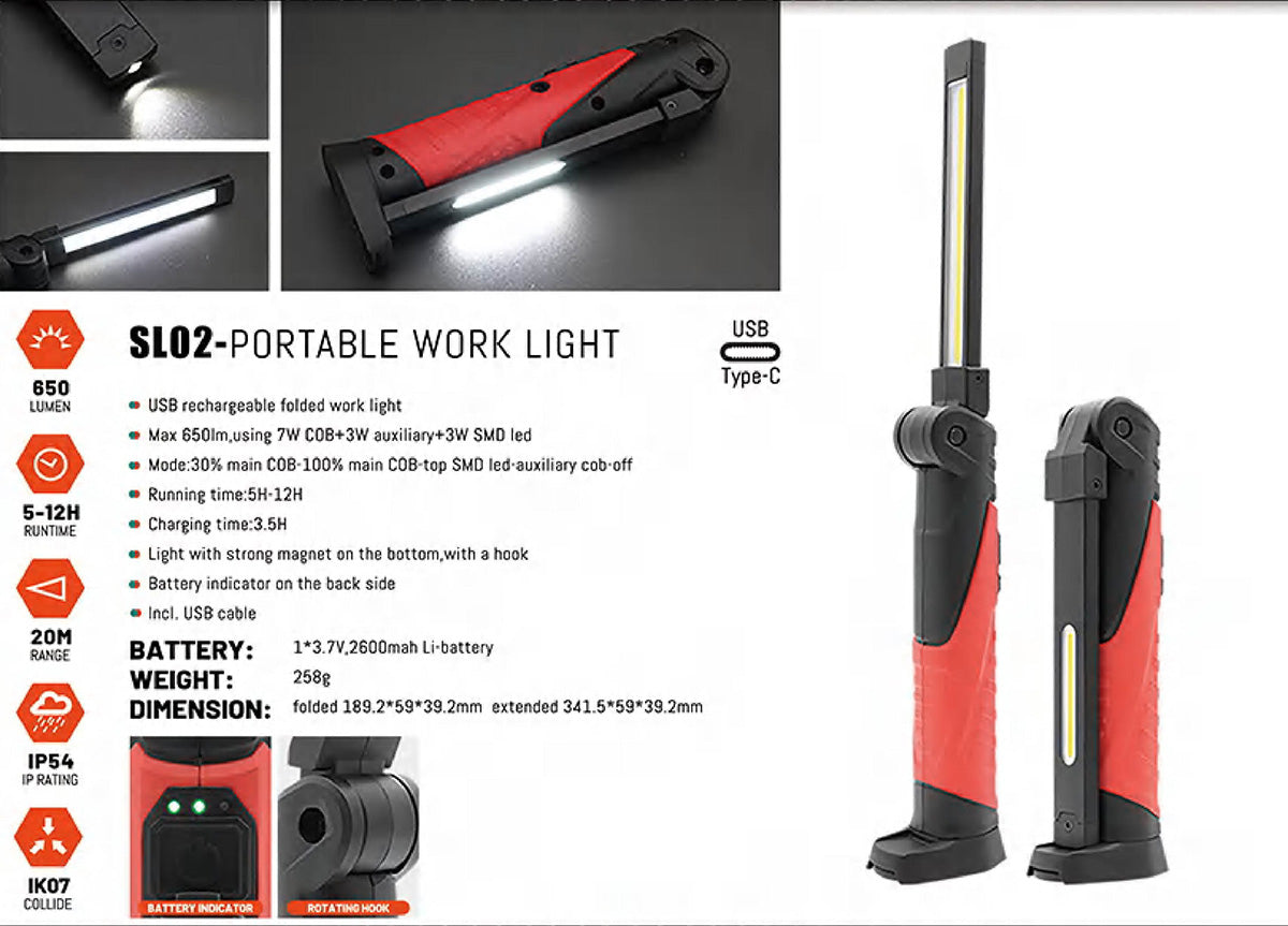 Rechargeable Folding Magnetic Work Light – 650 Lumens with Dual Side Lights & Torch