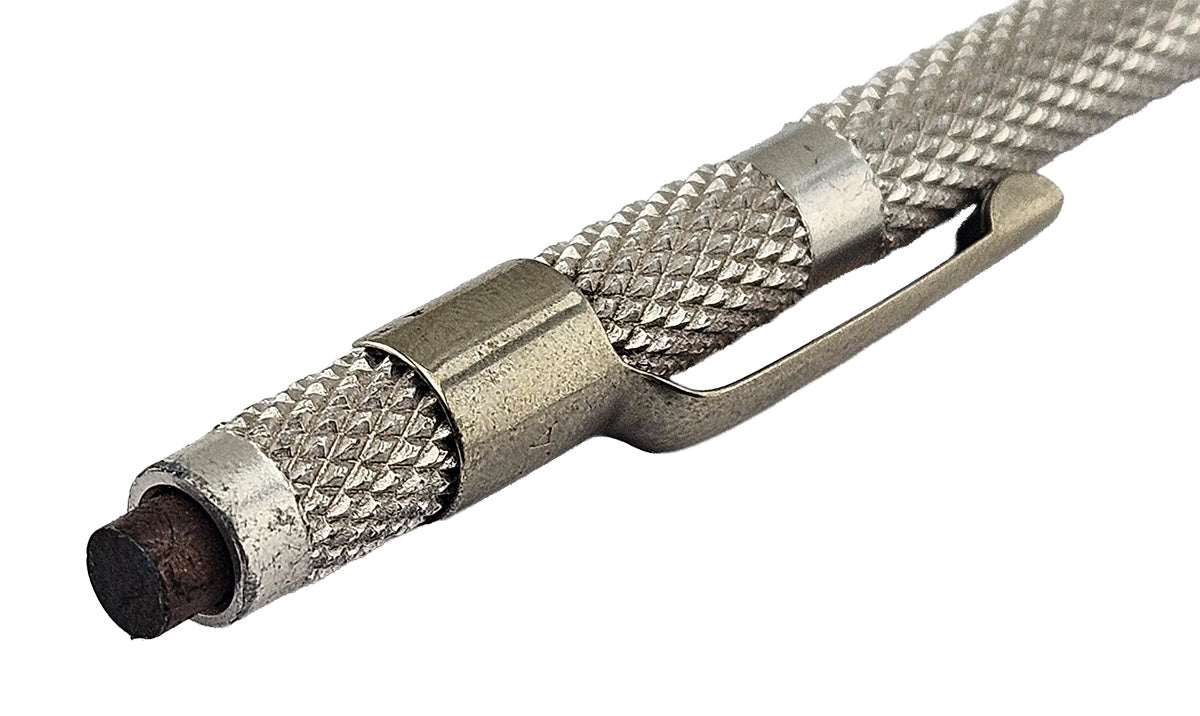 Ullman Phillips mechanical screw starter with textured aluminium body, magnetic pickup end and pocket clip, 147mm long.  Close up image of magnetic tip