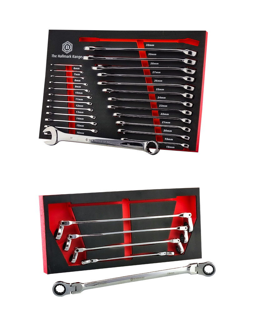 25pc combination spanner set & a 5pc flexi ratchet ring wrench set in red & black foam trays.