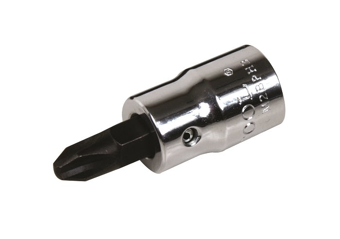 A silver-colored chrome bit socket with a Phillips shape bit fixed into the socket for use with 3/8" drive hand tools