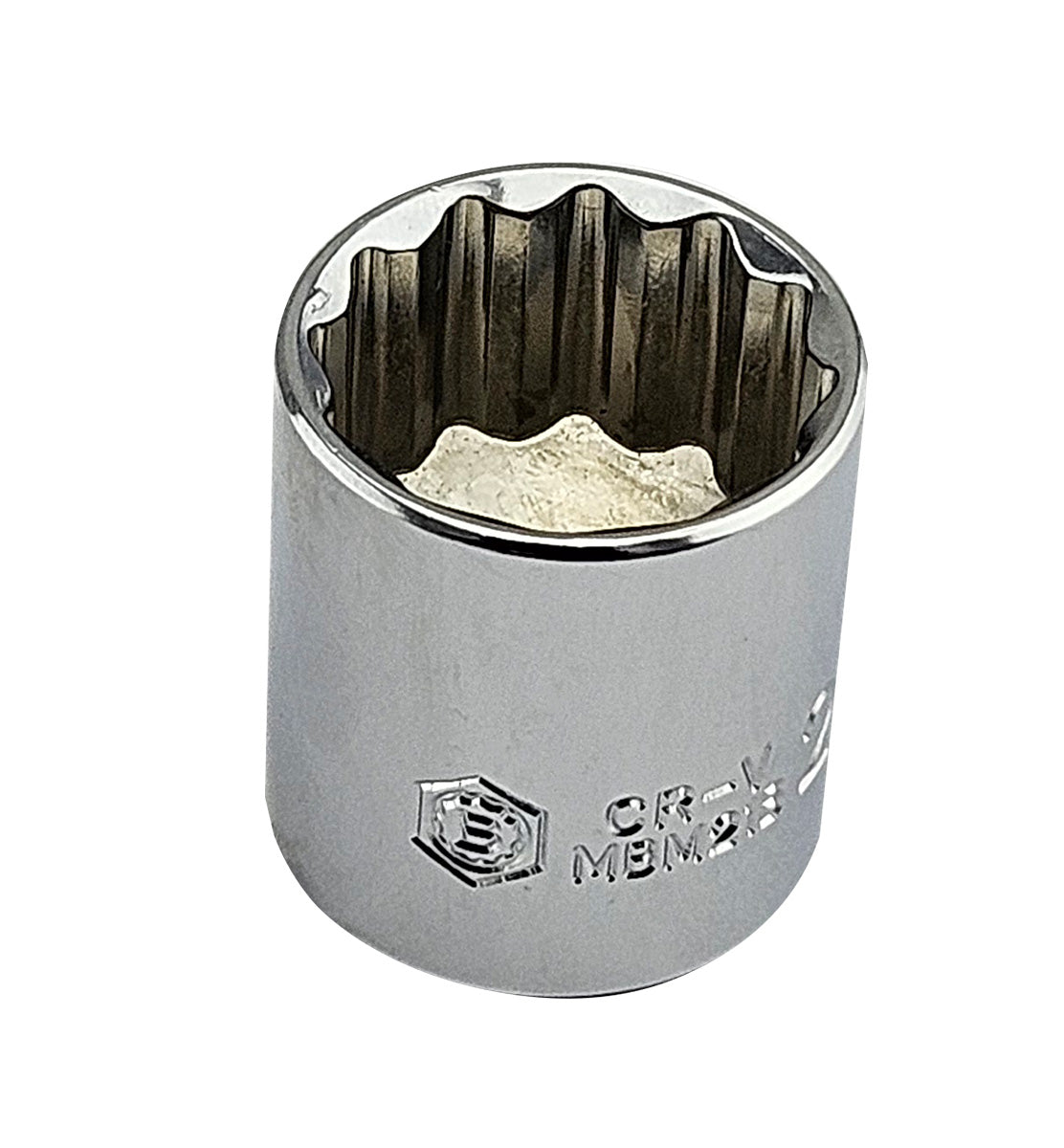 A chrome tool socket with 12-point profile with Hallmark stamp and part number.