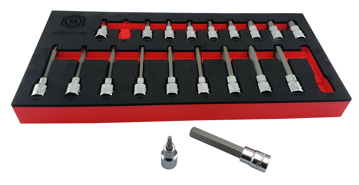 Britool Hallmark 20 piece long and short hexagon bit sockets in a tool control foam, designed for hand use only and chrome finish.