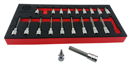Britool Hallmark 20 piece long and short hexagon bit sockets in a tool control foam, designed for hand use only and chrome finish.