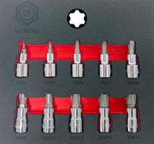 A set of chrome Britool Hallmark branded Ribe bit sockets for 3/8" drive tools, displayed in a tool control foam tray with sizes labelled from M4 to M14.