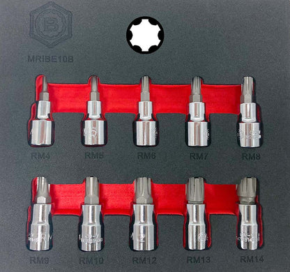 A set of chrome Britool Hallmark branded Ribe bit sockets for 3/8" drive tools, displayed in a tool control foam tray with sizes labelled from M4 to M14.
