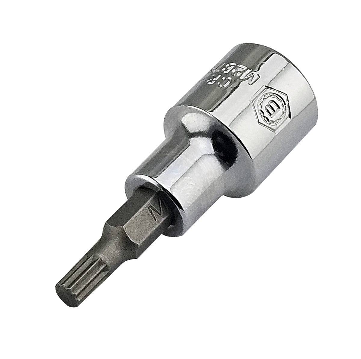 A chrome socket with a spline bit fixed into it.