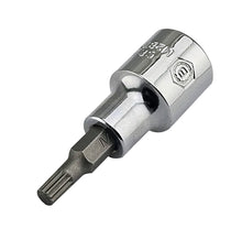 A chrome socket with a spline bit fixed into it.