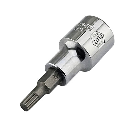 A chrome socket with a spline bit fixed into it.