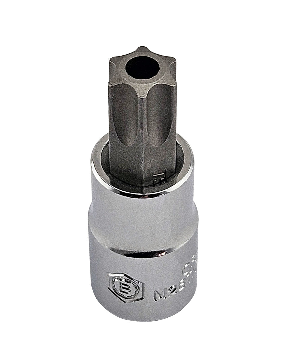 A chrome socket with a security torx bit fixed inside.