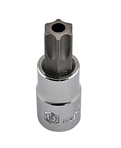 A chrome socket with a security torx bit fixed inside.