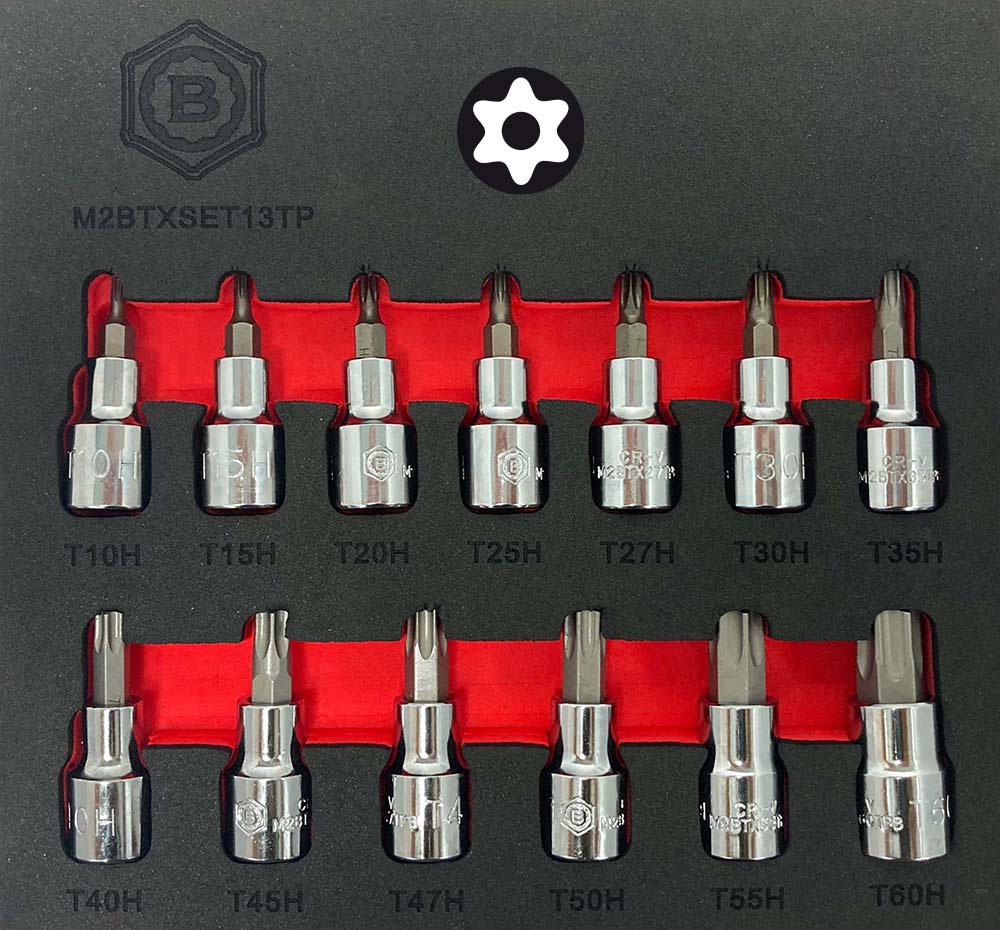 A set of Britool Hallmark Torx star bit sockets in sizes T8 to T60, displayed in a red & black tool control EVA foam tray.