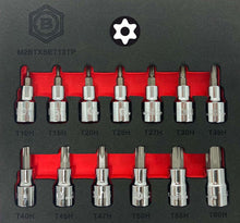 A set of Britool Hallmark Torx star bit sockets in sizes T8 to T60, displayed in a red & black tool control EVA foam tray.