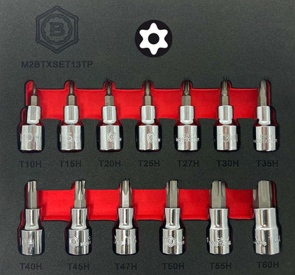 A set of Britool Hallmark Torx star bit sockets in sizes T8 to T60, displayed in a red & black tool control EVA foam tray.