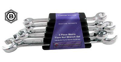 A set of Britool Hallmark flare nut wrenches in sizes 7-19mm, displayed in its packaging.