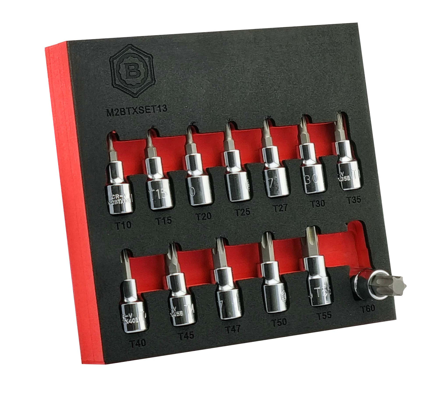 Set of torx screwdriver bit sockets in a black and red foam tray with a brand .logo.