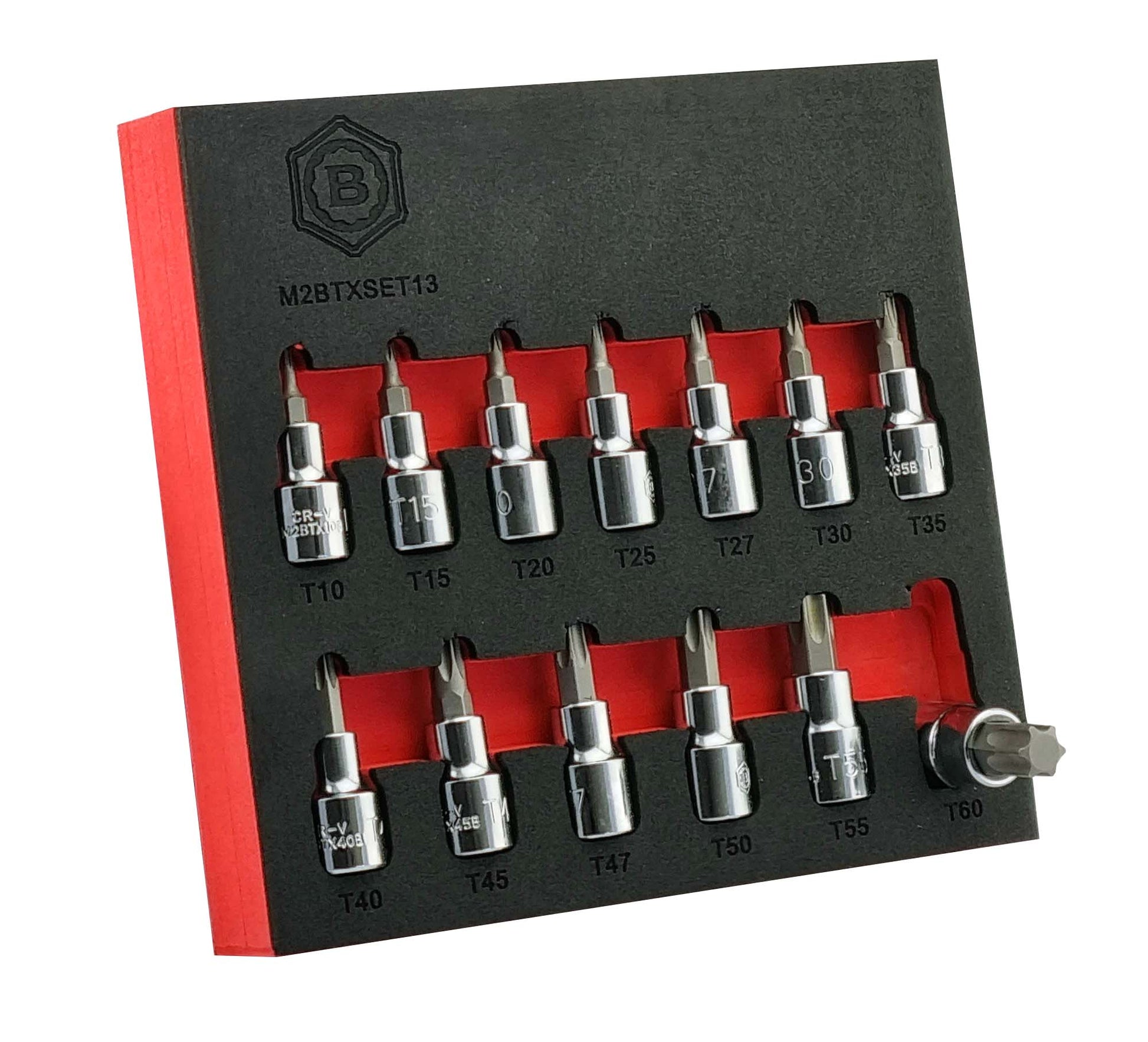 Set of torx screwdriver bit sockets in a black and red foam tray with a brand .logo.