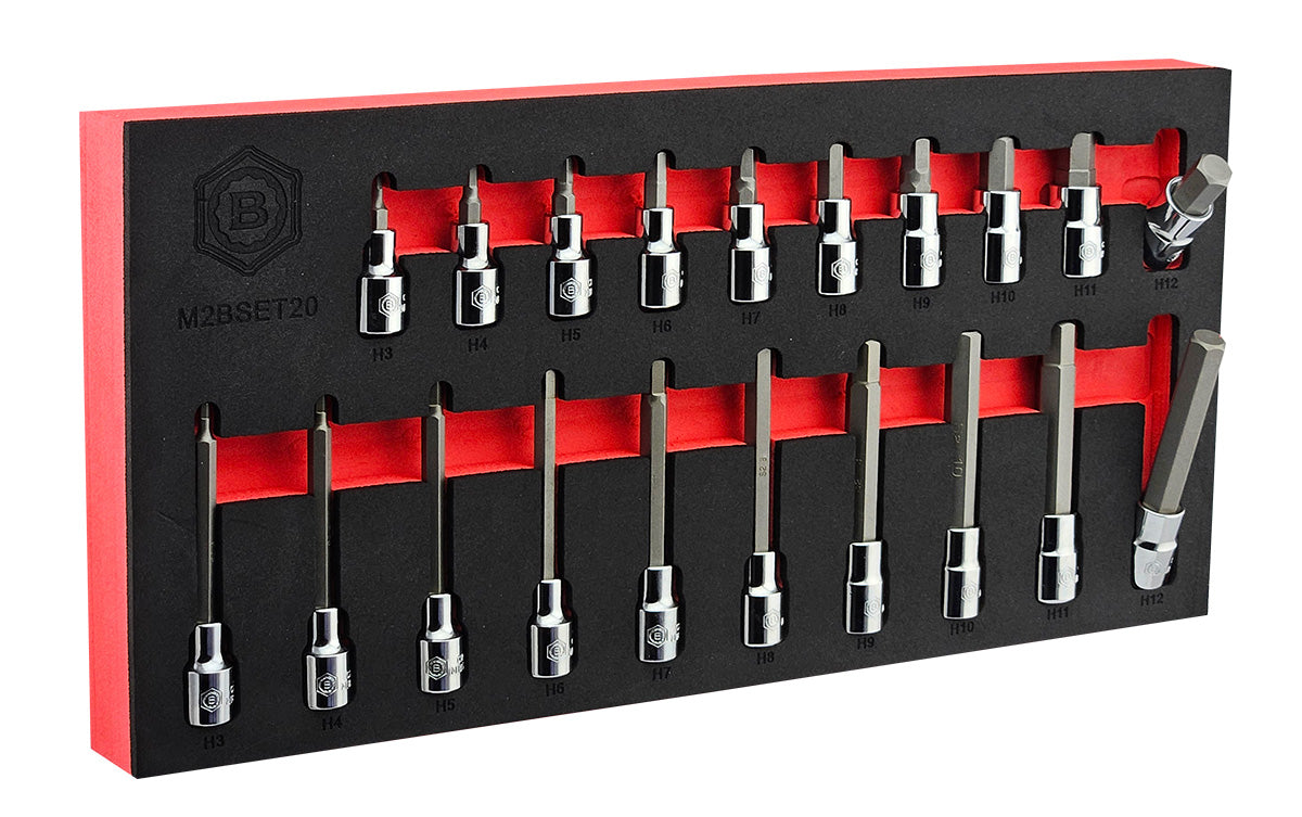 Set of Hex sockets in a black and red foam tray organizer with a visible brand logo.