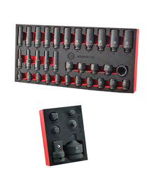 Two sets of impact sockets & adapters in black and red foam storage trays.