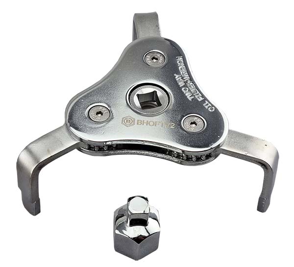 A silver-coloured three-legged ratcheting oil filter remover with the Hallmark emblem on the top, alongside a small metal adaptor.