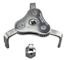A silver-coloured three-legged ratcheting oil filter remover with the Hallmark emblem on the top, alongside a small metal adaptor.