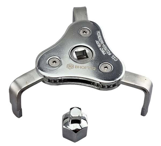 A silver-coloured three-legged ratcheting oil filter remover with the Hallmark emblem on the top, alongside a small metal adaptor.