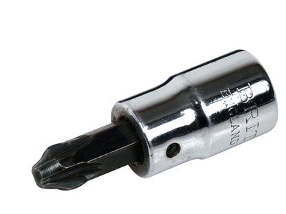 A silver-colored Pozidriv screwdriver bit socket from the Britool Hallmark range.