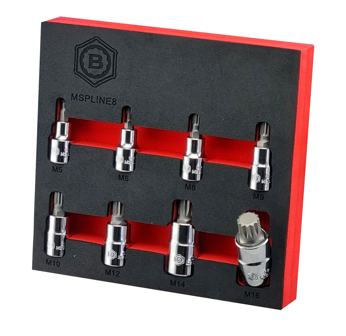 12-point spline bits in 3/8" drive chrome sockets. Supplied in red & black foam storage tray