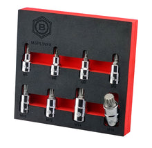 12-point spline bits in 3/8" drive chrome sockets. Supplied in red & black foam storage tray