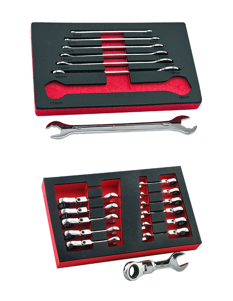 A Britool ultra thin spanner set and a stubby flexi ratchet spanner set both in red & black foam trays.