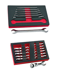 A Britool ultra thin spanner set and a stubby flexi ratchet spanner set both in red & black foam trays.