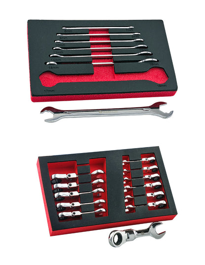 A Britool ultra thin spanner set and a stubby flexi ratchet spanner set both in red & black foam trays.