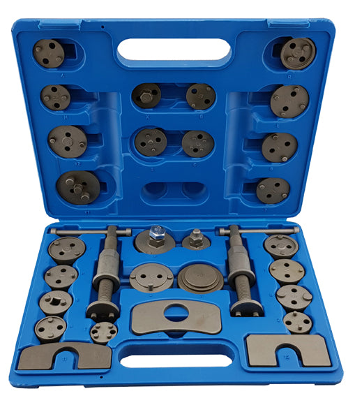 A blue carry-case with a 30-piece Britool Hallmark brake-windback tool kit, including various adaptors and thrust bolt assemblies.