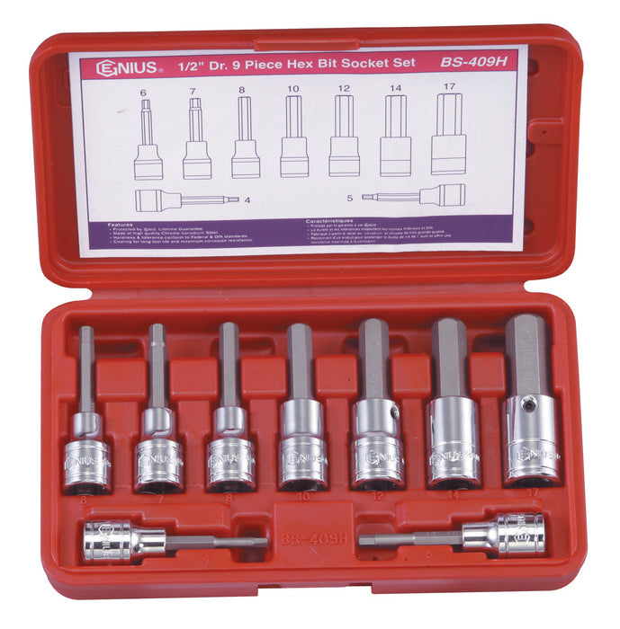 Genius Tools BS-409H 9 Piece 1/2" Hexagon Bit Socket Set