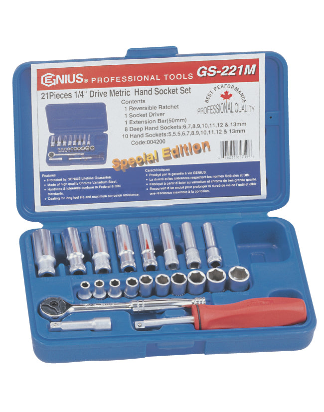 21 Piece 1/4" Socket, Ratchet & Extension Bar Set 3-14mm From Genius Tools