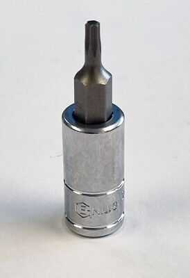 A high polished chrome Torx T8 bit socket with a replaceable bit, finished in silver color, from Genius Tools