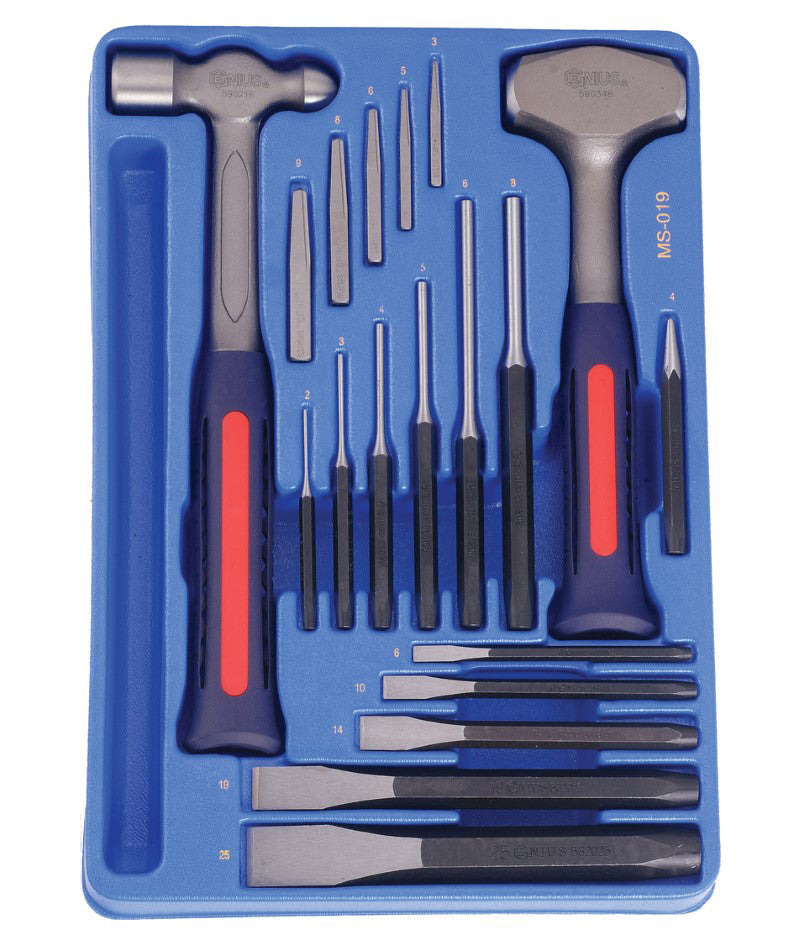 A set of punches, chisels, extractors, and hammers neatly organized in a blue plastic tool tray with a red and gray hammer with a rubber handle.