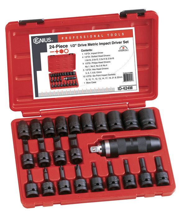 Genius Tools 24pc Id-424M 1/2" Sq Dr Impact Screwdriver Set