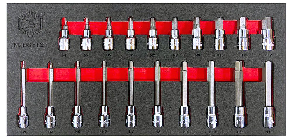 A set of Britool Hallmark hex key bit sockets in sizes 3 to 12mm, displayed in a tool organizer with red dividers.
