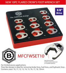 3/8" Crow's Foot Spanner / Wrench Set 10 Piece Britool Hallmark, 10-19mm