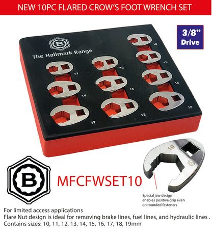 3/8" Crow's Foot Spanner / Wrench Set 10 Piece Britool Hallmark, 10-19mm