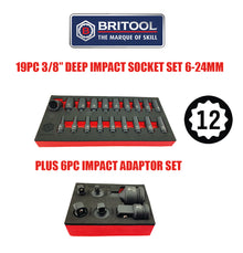 Britool Hallmark 3/8" Drive 12 Point Impact Socket Set + 6pc Impact Adaptor Set