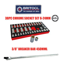 3/8" Socket Set Standard & Deep 6-24mm + 450mm Breaker Bar From Britool Hallmark