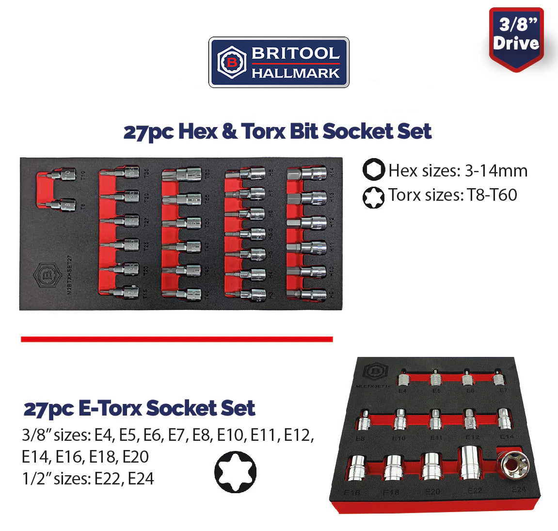 3/8" Torx & Hex Bit Socket Set + E-Torx Socket Set From Britool Hallmark