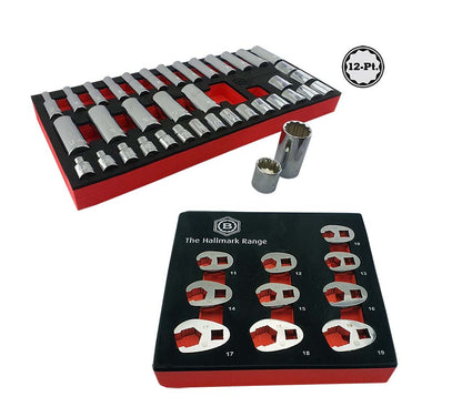 STANDARD & DEEP 12-POINT SOCKET SET + CROWS FOOT WRENCH SET - BRITOOL HALLAMRK