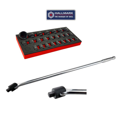 Britool Hallmark 1/2" Drive Impact Socket Set Sizes 8-36mm + Breaker Bar 750mml