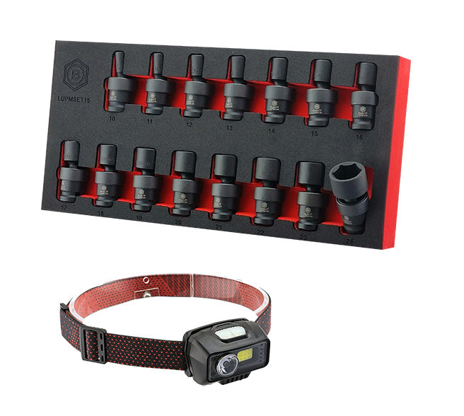 Britool Hallmark 1/2" Dr Flexi Impact Socket Set  + Free Rechargeable Head Torch