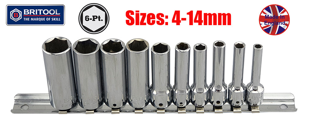 Britool England 10pc 1/4" Deep Socket Set (6 Point) 4-14mm